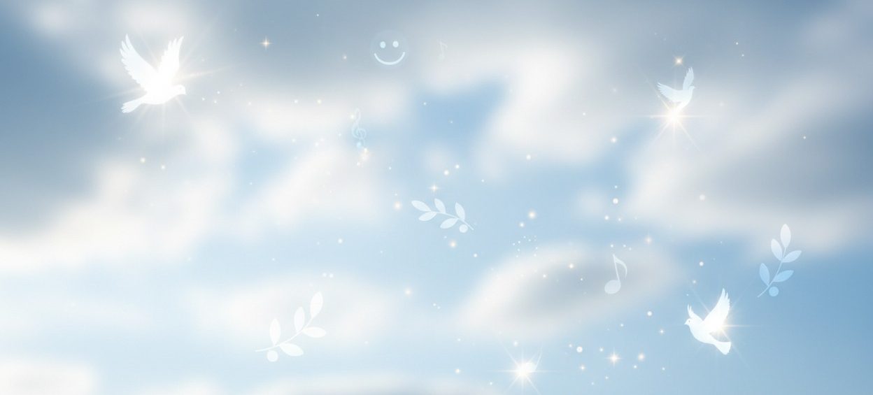 White doves, musical notes, and leaf branches float against a bright, cloudy blue sky dotted with sparkling stars.